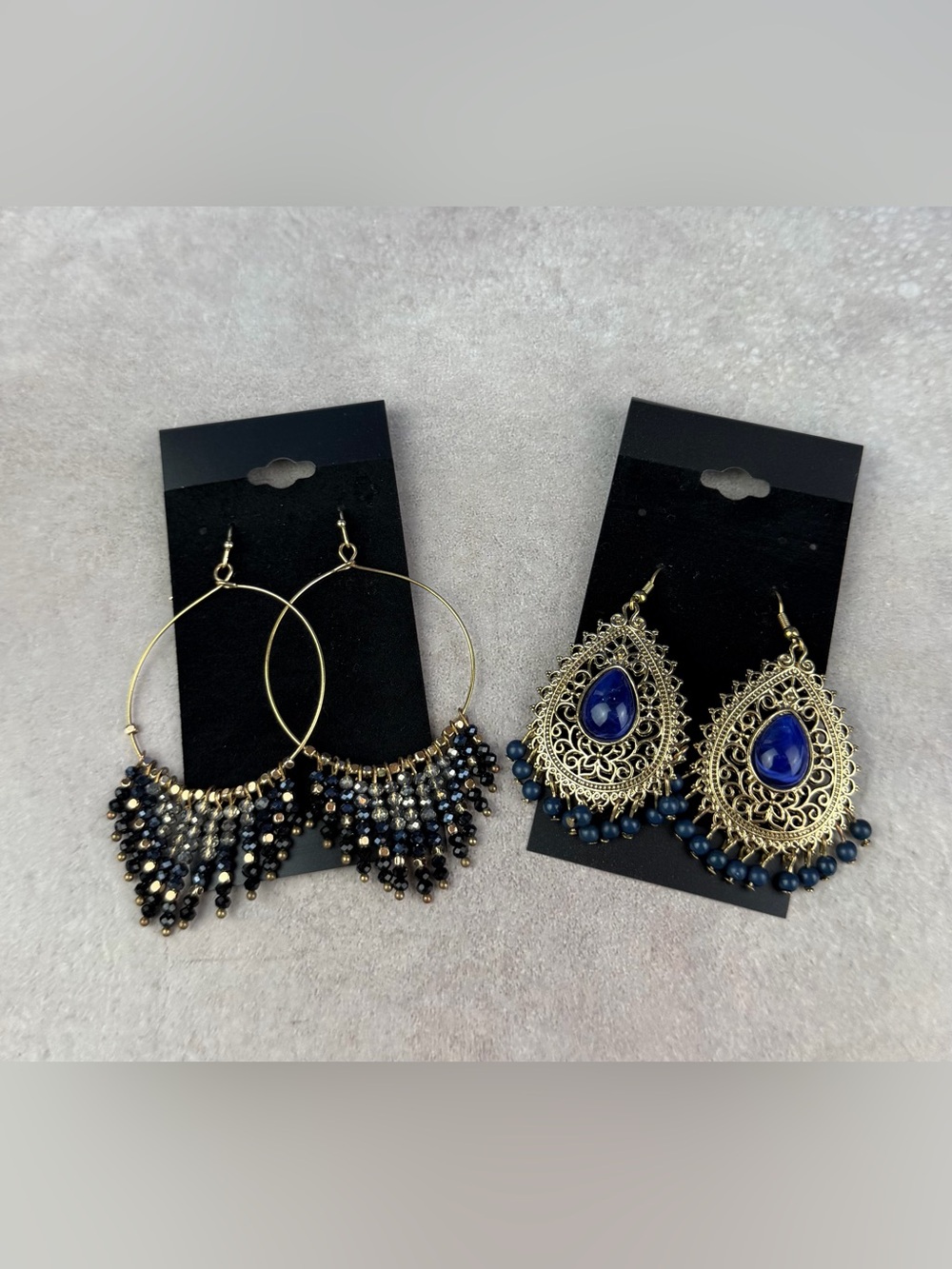 Boho Gold Drop Earring Set - Beaded Wire Hoops & Cobalt Filigree Chandelier